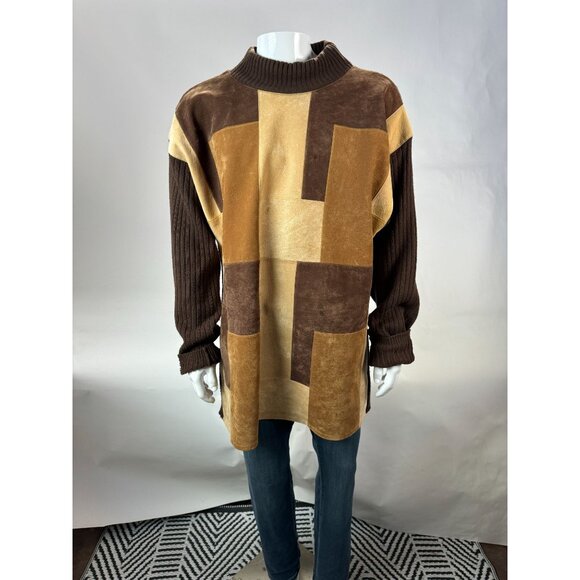 VTG 80s Koman Sport Patchwork Sweater Brown & Tan Ribbed Knit Mens L Blemish - Picture 12 of 16
